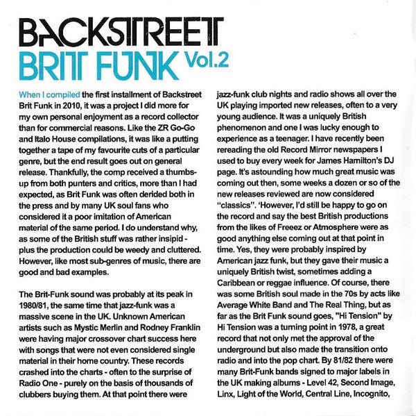 Joey Negro : Backstreet Brit Funk Vol. 2 (A Collection Of The UK's Finest Underground Soul, Jazz-Funk And Disco) (2xCD, Comp)