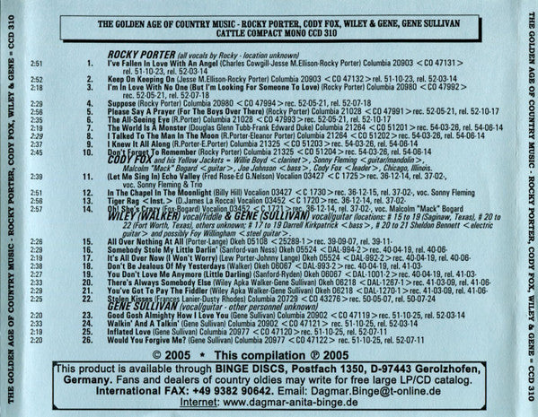 Various : The Golden Age Of Country Music (CD, Comp, Mono)