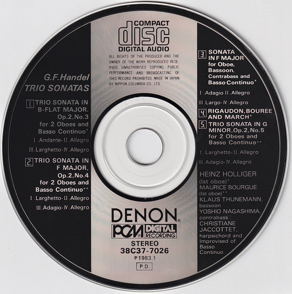 Georg Friedrich Händel / Heinz Holliger - Maurice Bourgue - Klaus Thunemann - Yoshio Nagashima - Christiane Jaccottet : Trio Sonatas (CD, Album)