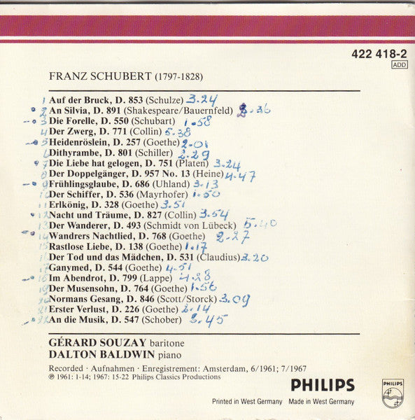 Schubert*, Gérard Souzay, Dalton Baldwin : Schubert Lieder (CD, Album, RM)