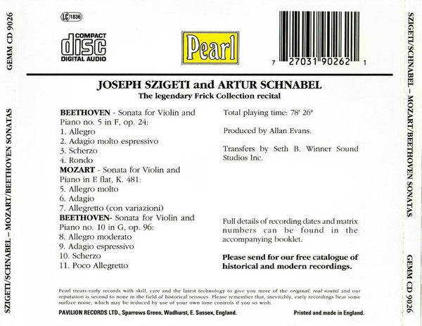 Szigeti*, Schnabel* - Mozart* / Beethoven* : The Legendary Frick Collection Recital (CD, Mono)