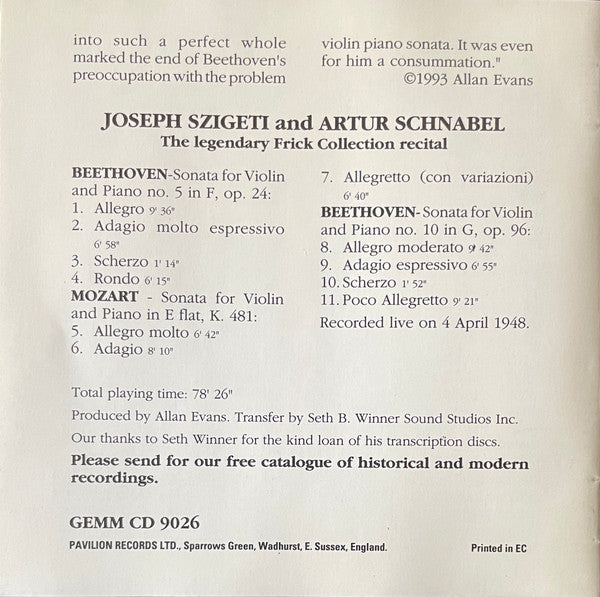 Szigeti*, Schnabel* - Mozart* / Beethoven* : The Legendary Frick Collection Recital (CD, Mono)