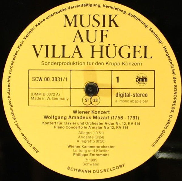 Wiener Kammerorchester, Philippe Entremont, Pierre W. Feit : Wiener Konzert, Musik auf Villa Hügel (2xLP + Box)