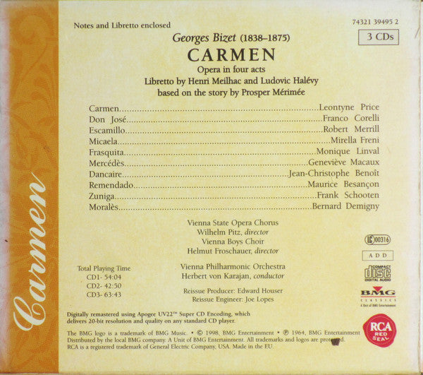 Georges Bizet, Leontyne Price, Franco Corelli, Robert Merrill, Mirella Freni, Herbert Von Karajan, Wiener Philharmoniker, Wiener Staatsopernchor, Die Wiener Sängerknaben : Carmen (3xCD, Album, RE, RM + Box)