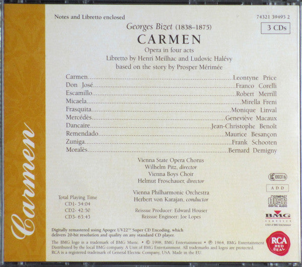 Georges Bizet, Leontyne Price, Franco Corelli, Robert Merrill, Mirella Freni, Herbert Von Karajan, Wiener Philharmoniker, Wiener Staatsopernchor, Die Wiener Sängerknaben : Carmen (3xCD, Album, RE, RM + Box)