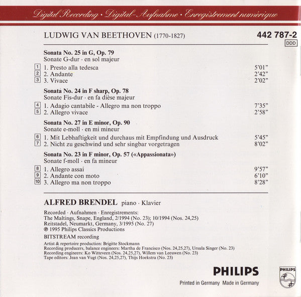 Beethoven*, Alfred Brendel : Piano Sonatas = Klaviersonaten Op. 57 «Appassionata», Op. 78, 79 And 90 (CD)