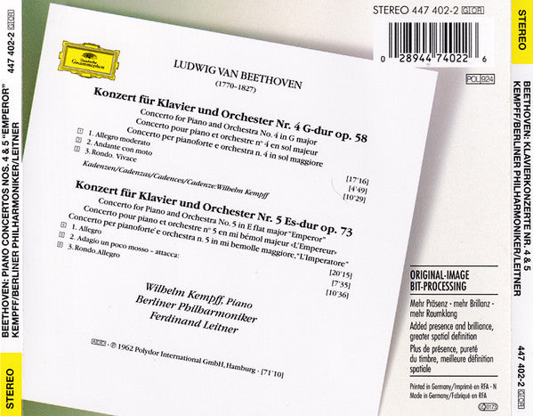 Beethoven* - Wilhelm Kempff / Berliner Philharmoniker / Ferdinand Leitner : Klavierkonzerte Nos. 4 & 5 = Piano Concertos = Concertos Pour Piano (CD, Comp, RM)