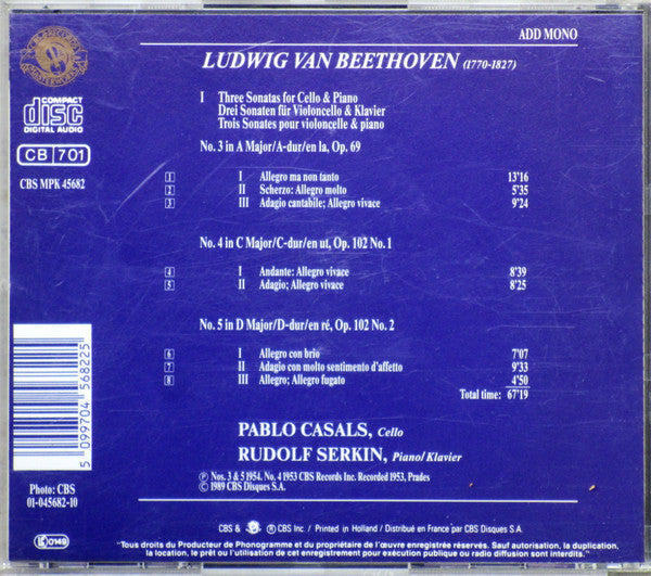 Beethoven*, Pablo Casals, Rudolf Serkin : Sonatas For Cello & Piano, Nos.3,4,5 (CD, Comp, Mono)