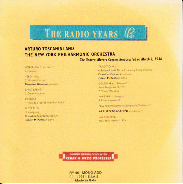 Arturo Toscanini And New York Philharmonic : The General Motors Concert Broadcasted On March 1, 1936 (CD, Mono)