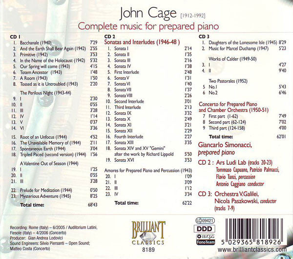 John Cage, Giancarlo Simonacci : Complete Music For Prepared Piano (3xCD, Dig)