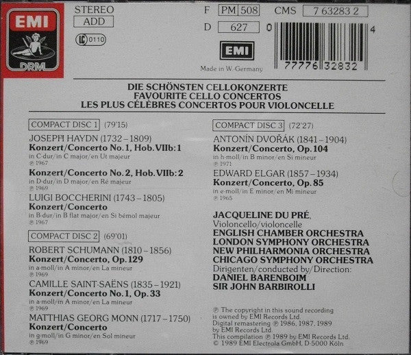 Jacqueline Du Pré | Boccherini* · Dvořák* · Elgar* · Haydn* · Monn* · Saint-Saëns* · Schumann* : Die Schönsten Cellokonzerte = Favourite Cello Concertos = Les Plus Célèbres Concertos Pour Violoncelle (3xCD, Comp, RM, Son)
