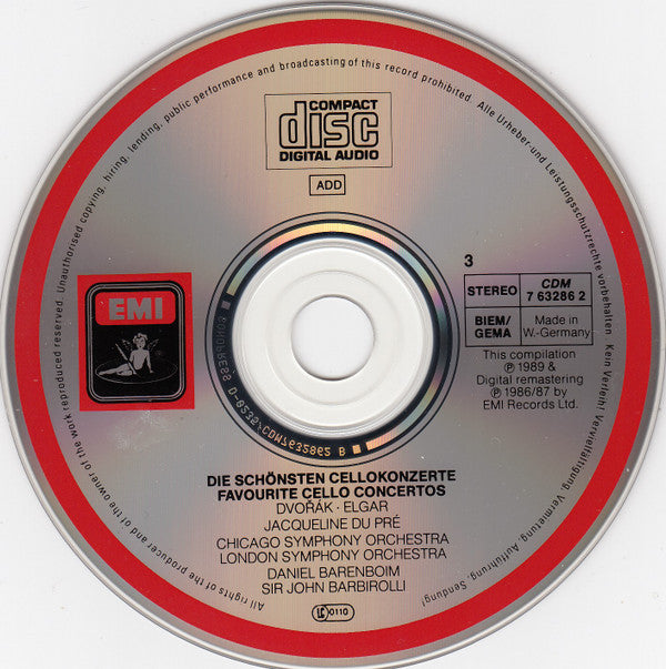 Jacqueline Du Pré | Boccherini* · Dvořák* · Elgar* · Haydn* · Monn* · Saint-Saëns* · Schumann* : Die Schönsten Cellokonzerte = Favourite Cello Concertos = Les Plus Célèbres Concertos Pour Violoncelle (3xCD, Comp, RM, Son)