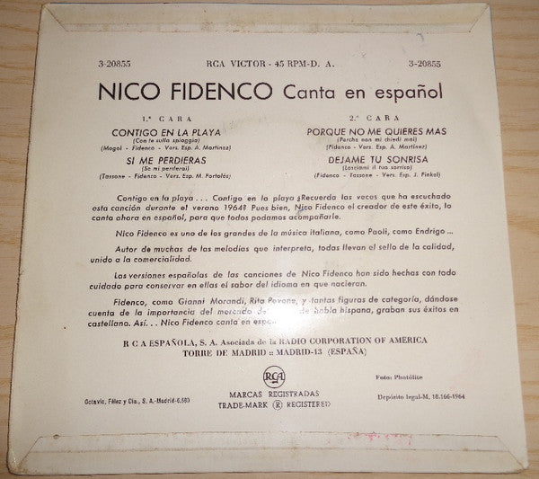 Nico Fidenco : Canta en español- Contigo en la playa (7", EP)