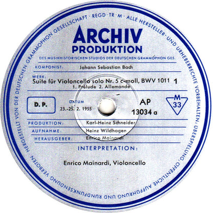 Johann Sebastian Bach - Enrico Mainardi : Suite Für Violoncello Solo Nr. 5 C-moll, BWV 1011  (10", Mono, RE)