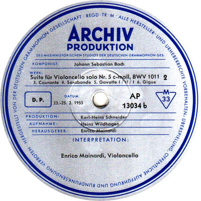 Johann Sebastian Bach - Enrico Mainardi : Suite Für Violoncello Solo Nr. 5 C-moll, BWV 1011  (10", Mono, RE)