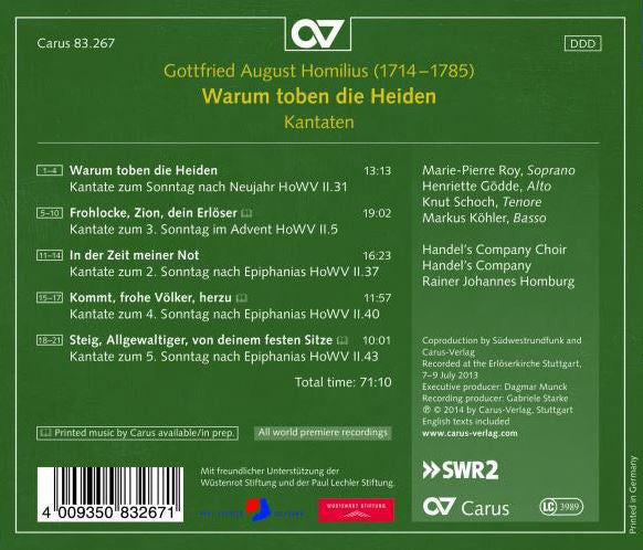 Gottfried August Homilius  - Handel's Company Choir  / Handel's Company  / Rainer Johannes Homburg : Warum Toben Die Heiden (Kantaten) (CD, Album)
