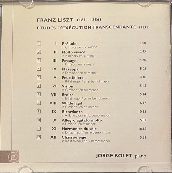 Liszt* / Jorge Bolet : Études D'exécution Transcendante (CD, Album)