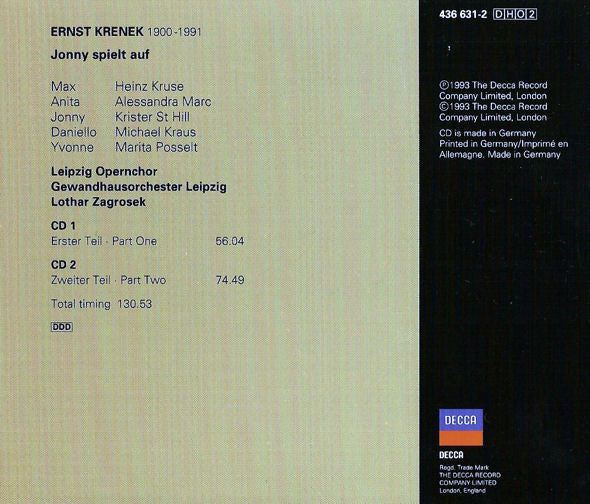 Ernst Krenek - Heinz Kruse, Alessandra Marc, Krister St Hill, Michael Kraus, Marita Posselt, Leipzig Opernchor, Gewandhausorchester Leipzig, Lothar Zagrosek : Jonny Spielt Auf (2xCD + Box, Album)