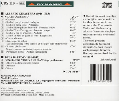 Alberto Ginastera, Béla Bartók, Hopkins Center Orchestra, Mario di Bonaventura, Salvatore Accardo : Violin Concerto / Sonata For Violin And Piano (Op. Posthum.) (CD, RM)