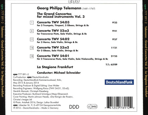 Georg Philipp Telemann - La Stagione Frankfurt*, Michael Schneider (2) : The Grand Concertos For Mixed Instruments Vol. 3 (CD, Album)