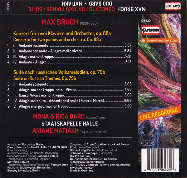 Max Bruch, Mona* & Rica Bard, Staatskapelle Halle, Ariane Matiakh : Concerto For 2 Pianos And Orchestra / Suite On Russian Themes (CD)