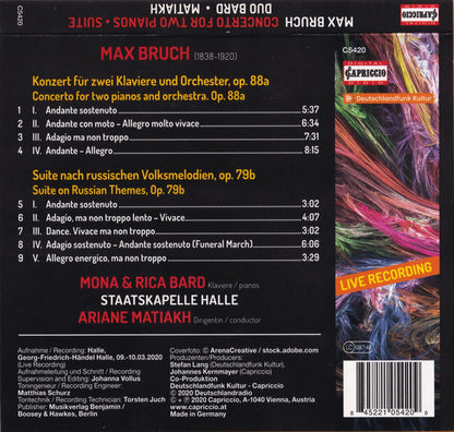 Max Bruch, Mona* & Rica Bard, Staatskapelle Halle, Ariane Matiakh : Concerto For 2 Pianos And Orchestra / Suite On Russian Themes (CD)