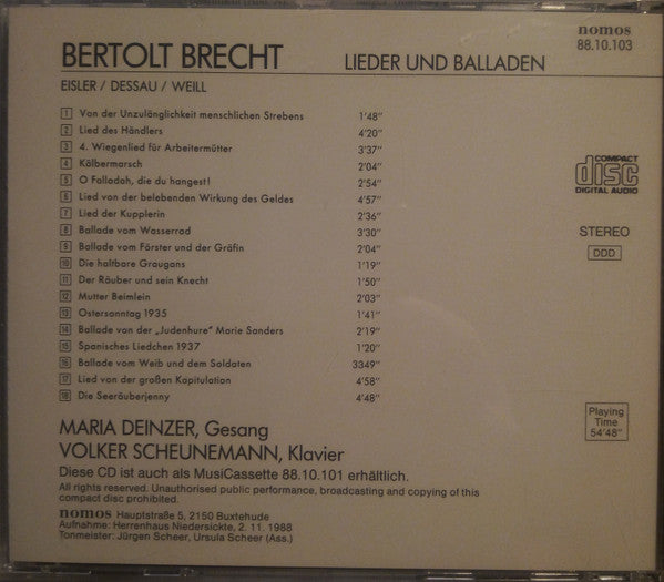 Bertolt Brecht : Lieder Und Balladen (CD, Album)
