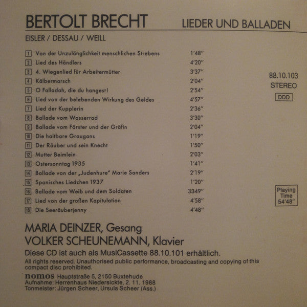 Bertolt Brecht : Lieder Und Balladen (CD, Album)