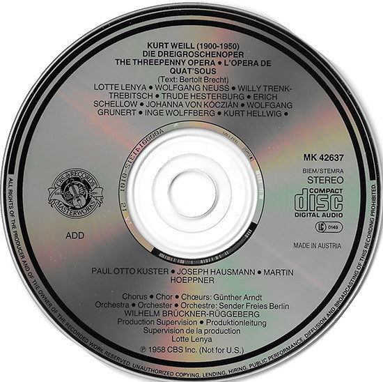 Kurt Weill - Lotte Lenya, Wilhelm Brückner-Rüggeberg : Die Dreigroschenoper / The Threepenny Opera / L'Opéra De Quat'Sous (CD, RE)