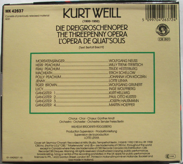 Kurt Weill - Lotte Lenya, Wilhelm Brückner-Rüggeberg : Die Dreigroschenoper / The Threepenny Opera / L'Opéra De Quat'Sous (CD, RE)