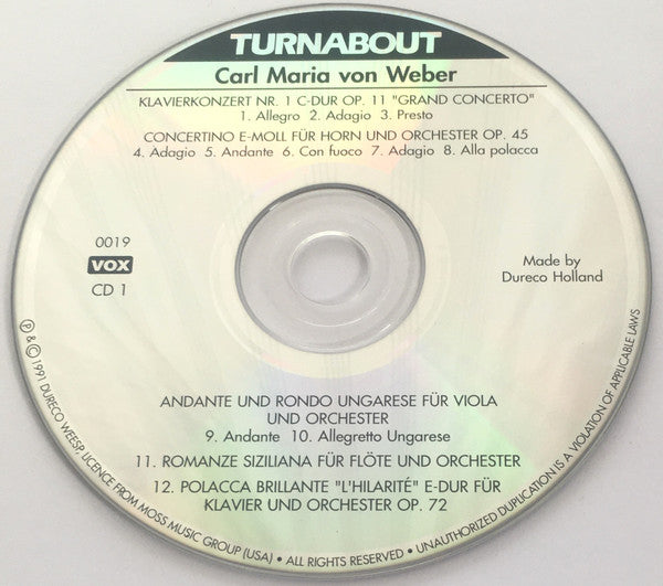 Carl Maria von Weber : Klavierkonzert Nr. Op. 11 - Concertino E-Moll - Andante Und Rondo Ungarese - Konzertstück F-Moll Op. 79 - Klarinettenkonzert Nr. 1 F-Moll Op. 73 - Concertino Op. 26 - Klarinettenquintett B-Dur Op. 34 (2xCD, Comp, RM)