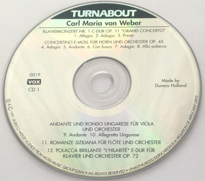 Carl Maria von Weber : Klavierkonzert Nr. Op. 11 - Concertino E-Moll - Andante Und Rondo Ungarese - Konzertstück F-Moll Op. 79 - Klarinettenkonzert Nr. 1 F-Moll Op. 73 - Concertino Op. 26 - Klarinettenquintett B-Dur Op. 34 (2xCD, Comp, RM)