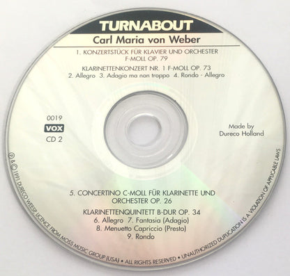 Carl Maria von Weber : Klavierkonzert Nr. Op. 11 - Concertino E-Moll - Andante Und Rondo Ungarese - Konzertstück F-Moll Op. 79 - Klarinettenkonzert Nr. 1 F-Moll Op. 73 - Concertino Op. 26 - Klarinettenquintett B-Dur Op. 34 (2xCD, Comp, RM)