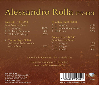 Rolla*, Simonide Braconi, Salvo Vitale, Il Demetrio, Maurizio Schiavo : Viola Concertos, Symphony In D, Tantum Ergo (CD, Album)