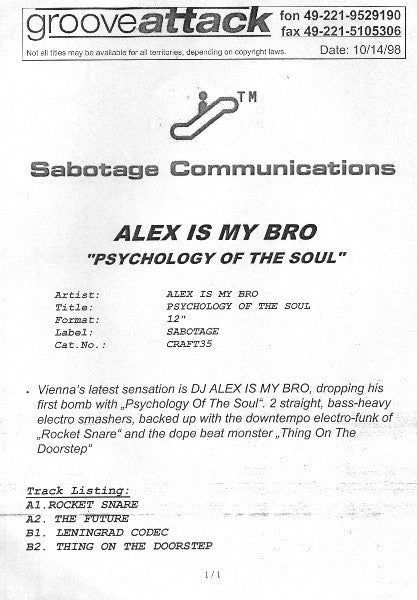 Alex Is My Bro : Psychology Of The Soul (12", W/Lbl)