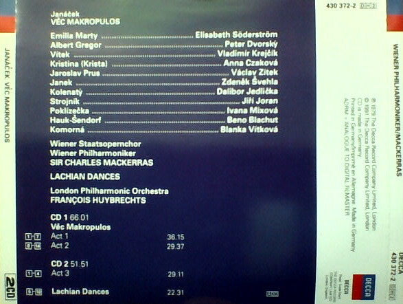 Leoš Janáček, Elisabeth Söderström, Peter Dvorský, Beno Blachut, Wiener Staatsopernchor, Wiener Philharmoniker, Sir Charles Mackerras : Věc Makropulos (2xCD, Album, RE, EDC + Box)