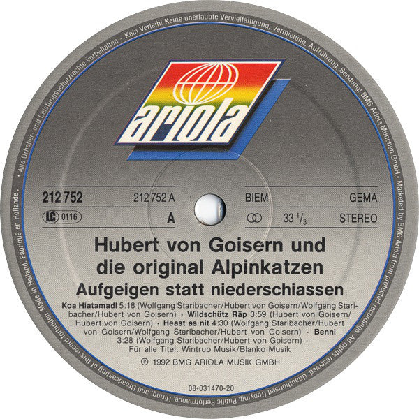 Hubert Von Goisern Und Die Original Alpinkatzen* : Aufgeigen Stått Niederschiassen (LP, Album)