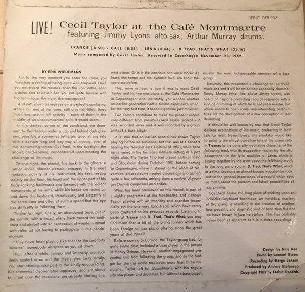 Cecil Taylor : Live At The Cafe Montmartre (LP, Album)