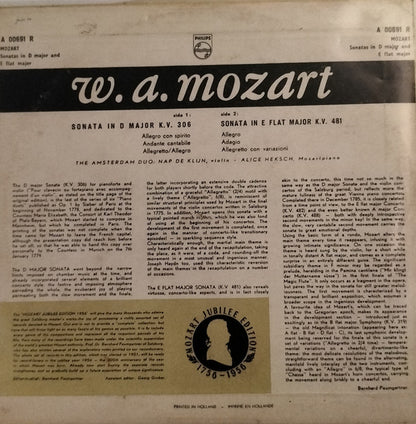 Nap de Klijn, Alice Heksch, Wolfgang Amadeus Mozart : Sonata in D Major K.V. 306, Sonata in E-Flat K.V 481 (10", Mono)