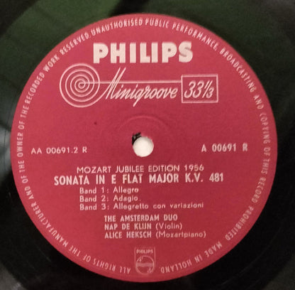 Nap de Klijn, Alice Heksch, Wolfgang Amadeus Mozart : Sonata in D Major K.V. 306, Sonata in E-Flat K.V 481 (10", Mono)