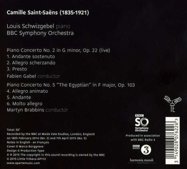 Louis Schwizgebel, BBC Symphony Orchestra, Fabien Gabel, Martyn Brabbins : Saint-Saëns: Piano Concertos 2 & 5 (CD, Album)