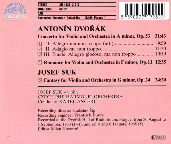 Dvořák* / Suk* – Josef Suk, Czech Philharmonic Orchestra*, Karel Ančerl : Violin Concerto / Romance / Fantasy (CD, Comp, RM, Emp)