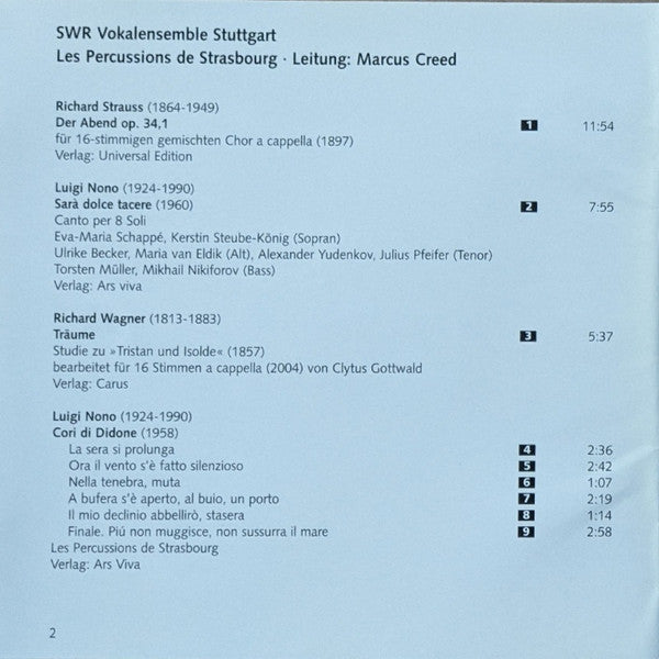 Marcus Creed, SWR Vokalensemble*, Les Percussions De Strasbourg : Strauss Nono Wagner (CD)