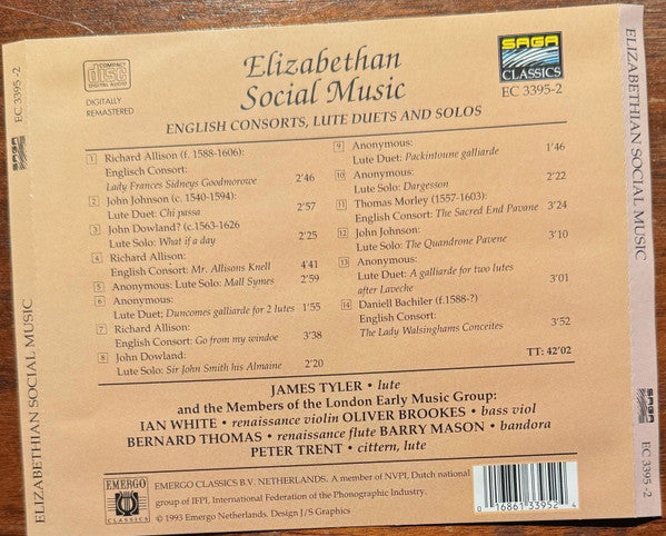 James Tyler And The London Early Music Group : Elizabethan Social Music (English Consorts, Lute Duets And Solos) (CD, Album, RE)