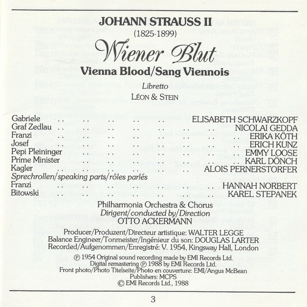 Johann Strauss Jr. – Elisabeth Schwarzkopf • Nicolai Gedda • Erich Kunz / Otto Ackermann : Wiener Blut • Vienna Blood (CD, Album, Mono, RE, RM)