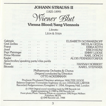 Johann Strauss Jr. – Elisabeth Schwarzkopf • Nicolai Gedda • Erich Kunz / Otto Ackermann : Wiener Blut • Vienna Blood (CD, Album, Mono, RE, RM)