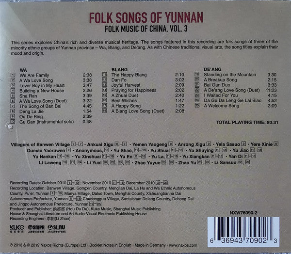 Wa (4), Blang, De'ang* : Folk Songs Of Yunnan (CD)