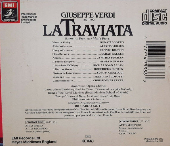 Verdi* - Scotto* · Kraus* · Bruson* · Philharmonia Orchestra · Ambrosian Opera Chorus* · Riccardo Muti : La Traviata (2xCD, Album, RE + Box, Sli)