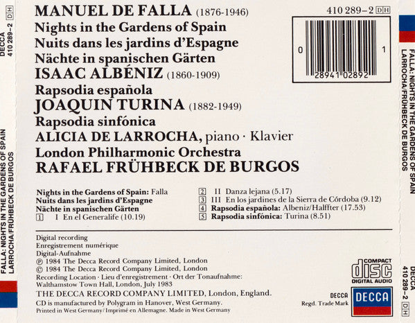 Manuel De Falla, Isaac Albéniz, Joaquín Turina, Alicia De Larrocha, London Philharmonic Orchestra, Rafael Frühbeck De Burgos : Nights In The Gardens Of Spain (CD, Album)