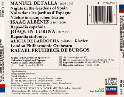 Manuel De Falla, Isaac Albéniz, Joaquín Turina, Alicia De Larrocha, London Philharmonic Orchestra, Rafael Frühbeck De Burgos : Nights In The Gardens Of Spain (CD, Album)